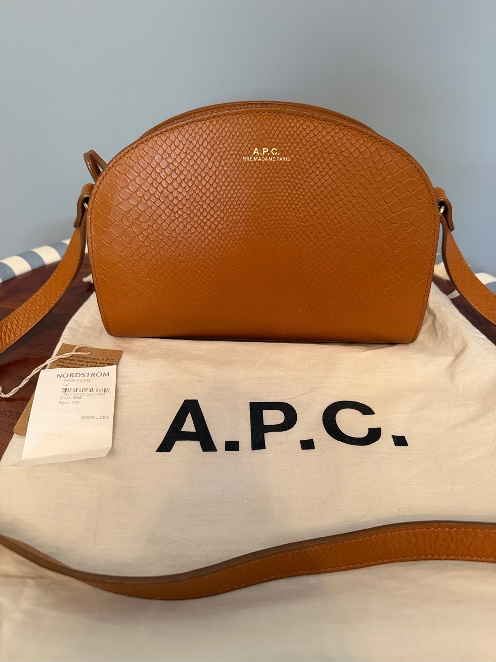 A.P.C. Cognac Textured Demi-Lune Crossbody bag with Gold Logo & hardware